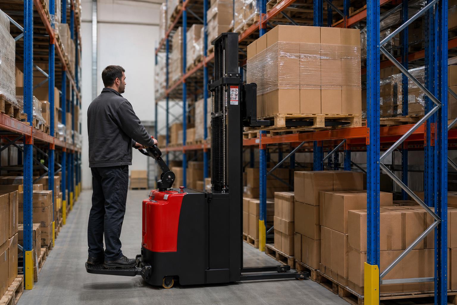 ZG-CDD15G electric pallet stacker placing cartons in narrow aisle racking