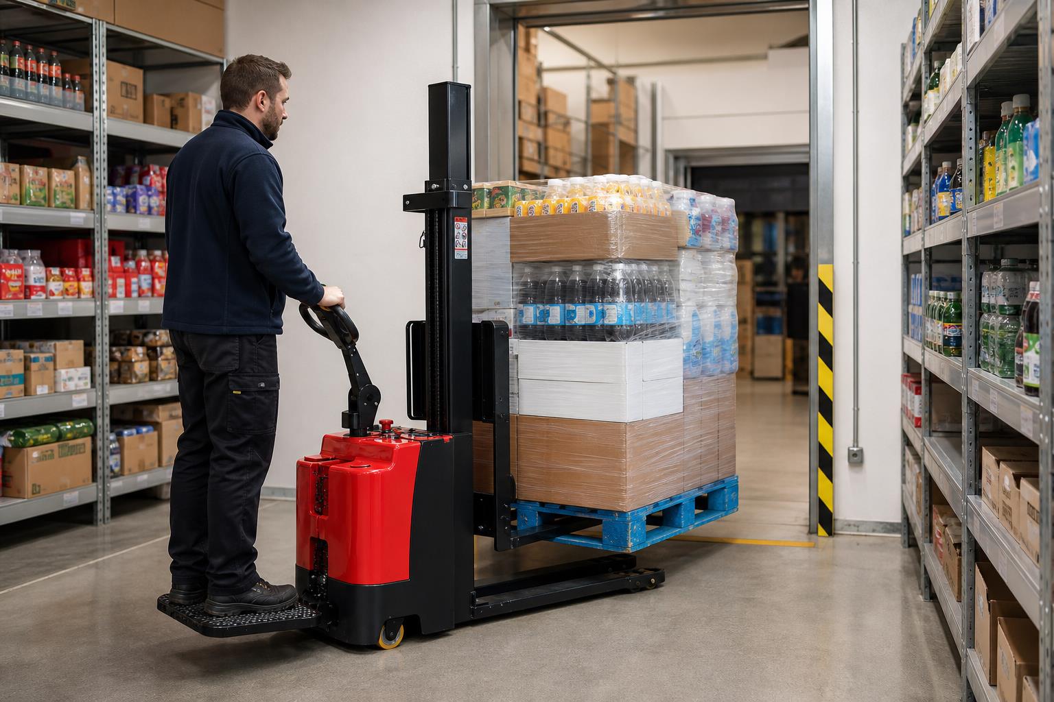 MYZG stand-on electric stacker handling retail goods in a backroom