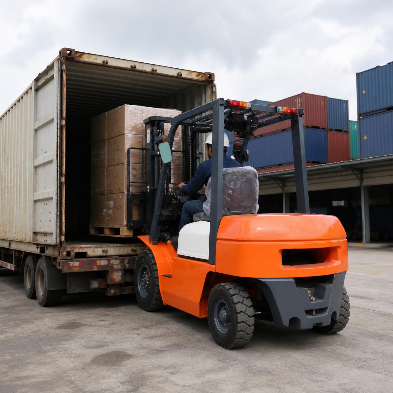 MYZG heavy duty diesel forklift moving concrete blocks in a building materials yard