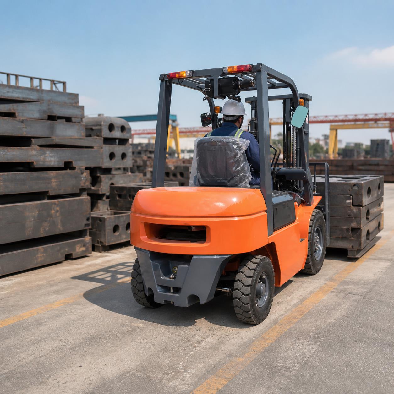 ZGFORKLIFT diesel counterbalance forklift handling steel components in a manufacturing plant