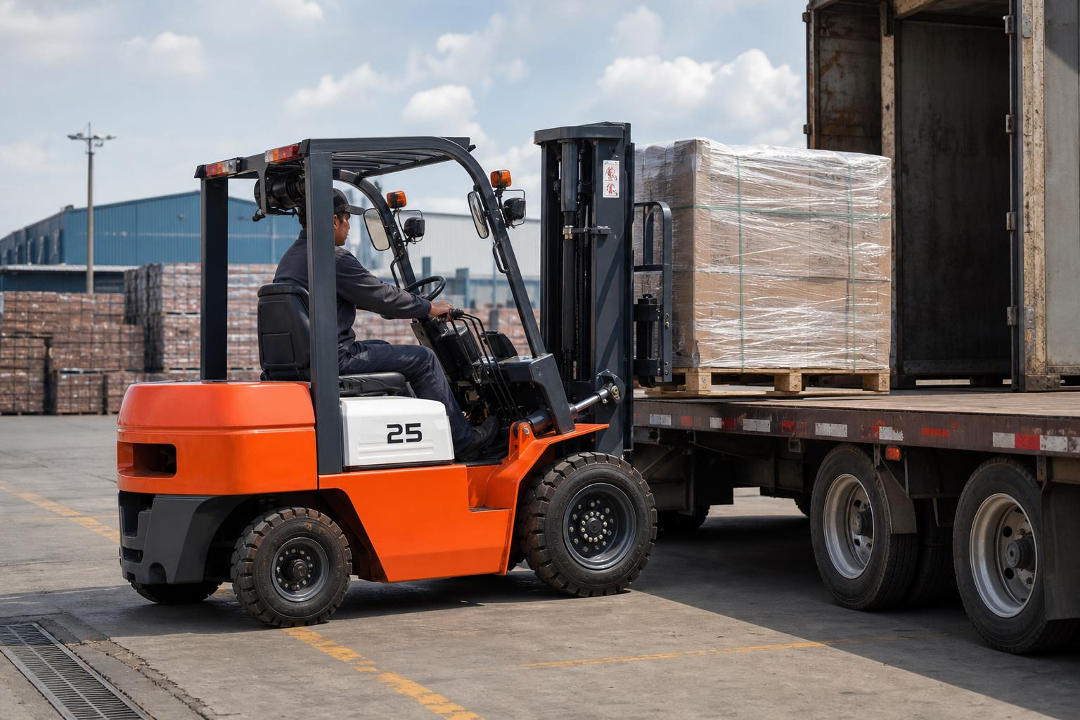 MYZG heavy duty diesel forklift moving concrete blocks in a building materials yard