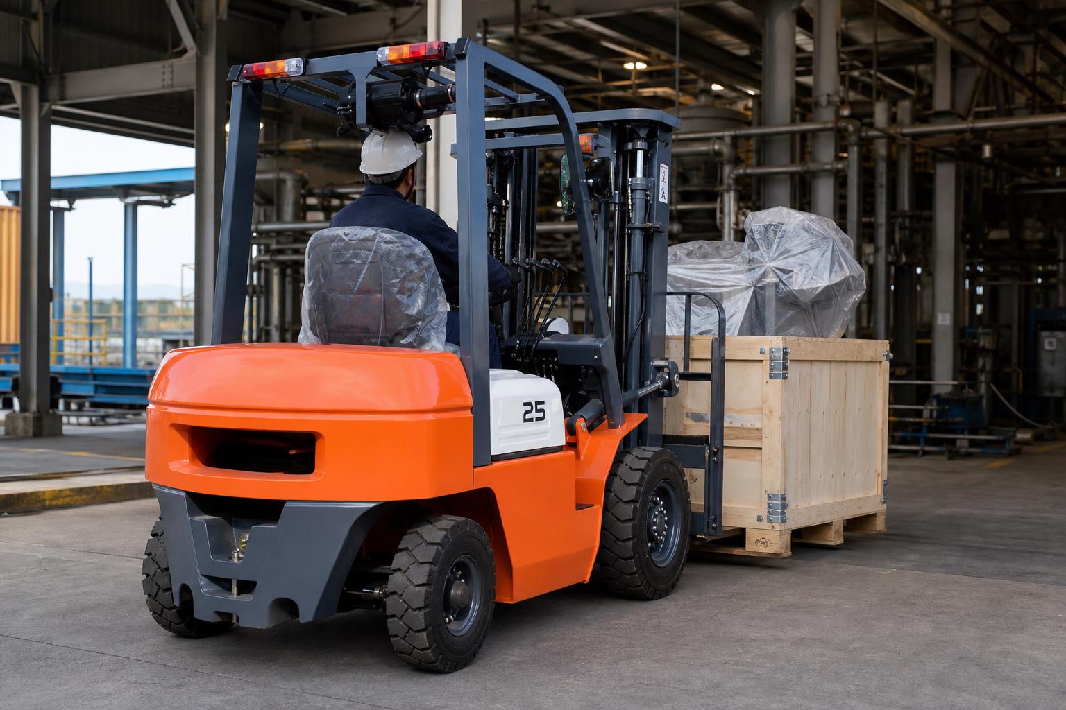 ZGFORKLIFT diesel counterbalance forklift handling steel components in a manufacturing plant