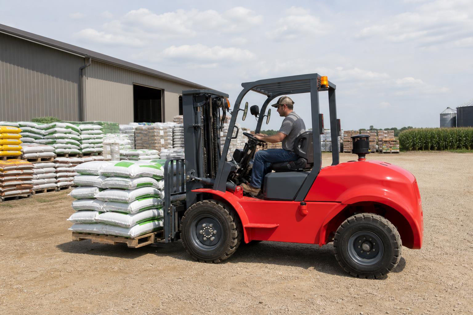 MYZG heavy duty diesel forklift moving concrete blocks in a building materials yard