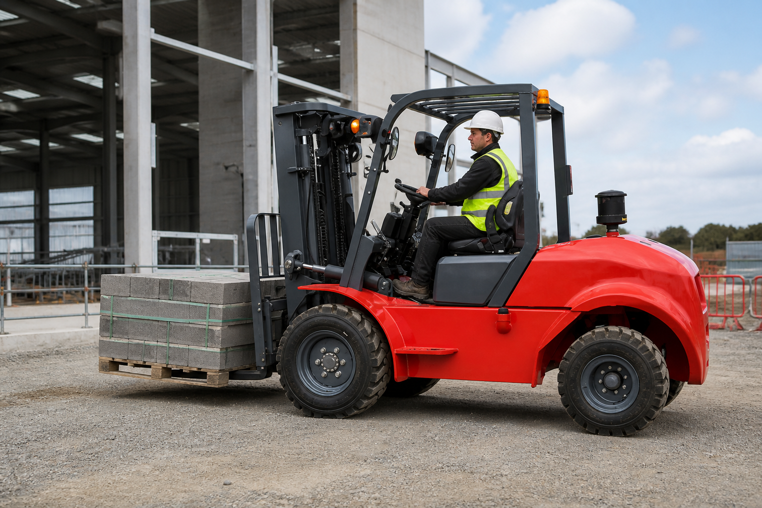 MYZG heavy duty diesel forklift moving concrete blocks in a building materials yard
