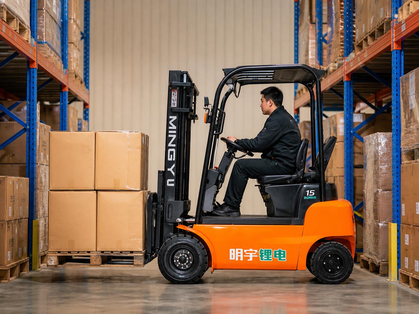 MYZG lithium battery forklift transporting refrigerated food in a cold-chain warehouse
