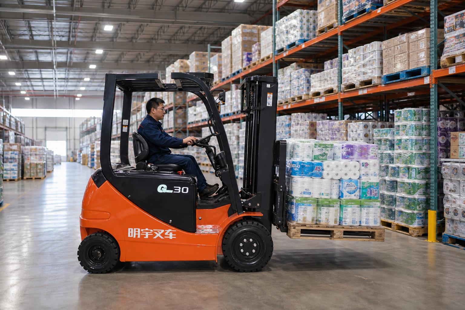 ZGFORKLIFT 3 ton lithium-ion electric forklift handling consumer goods in a distribution center