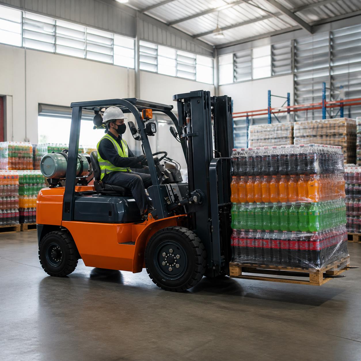 ZGFORKLIFT 3 ton LPG forklift handling a pallet in a ventilated warehouse