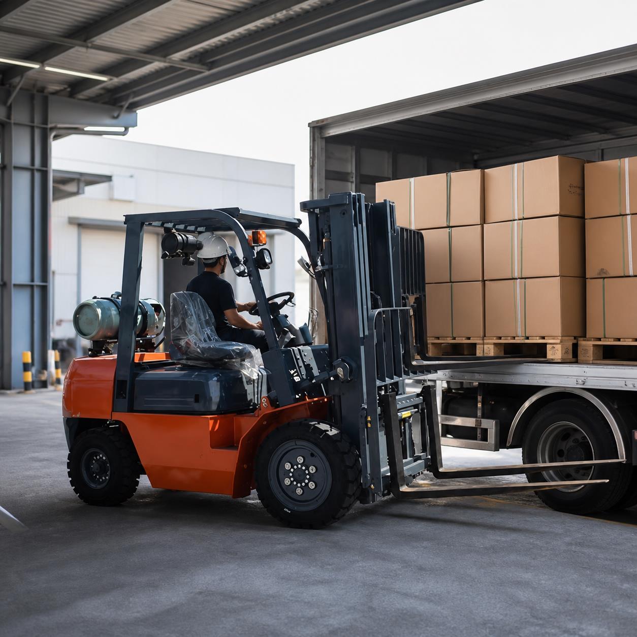 MYZG CPY30 LPG forklift transferring boxed goods at a loading dock