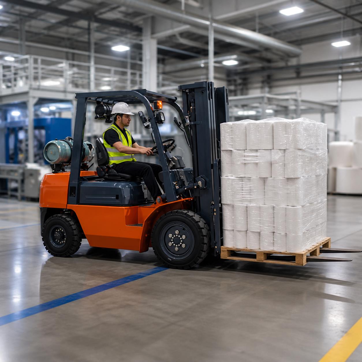 ZGFORKLIFT LPG counterbalance forklift moving packaged beverages in manufacturing