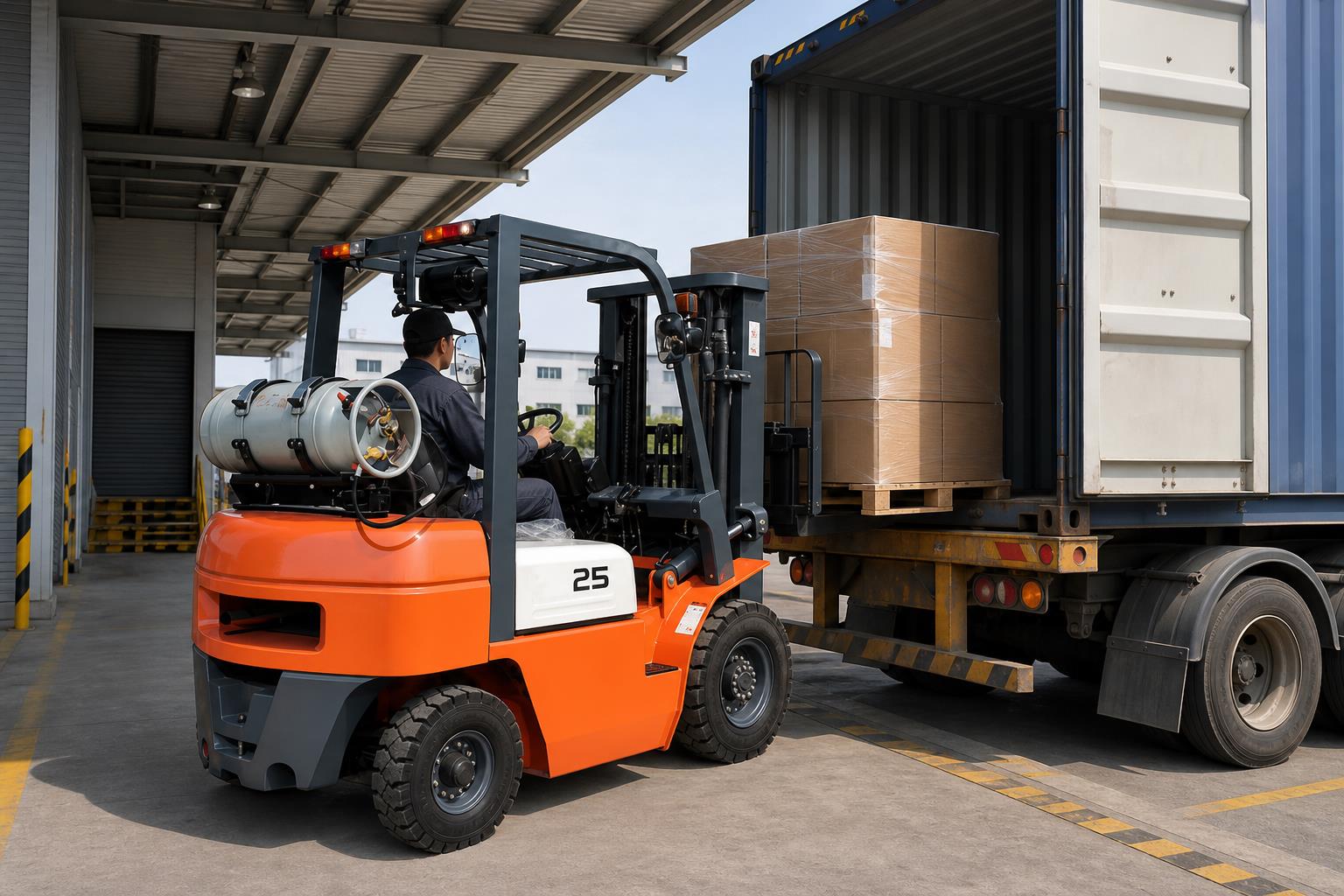 MYZG CPY30 LPG forklift transferring boxed goods at a loading dock
