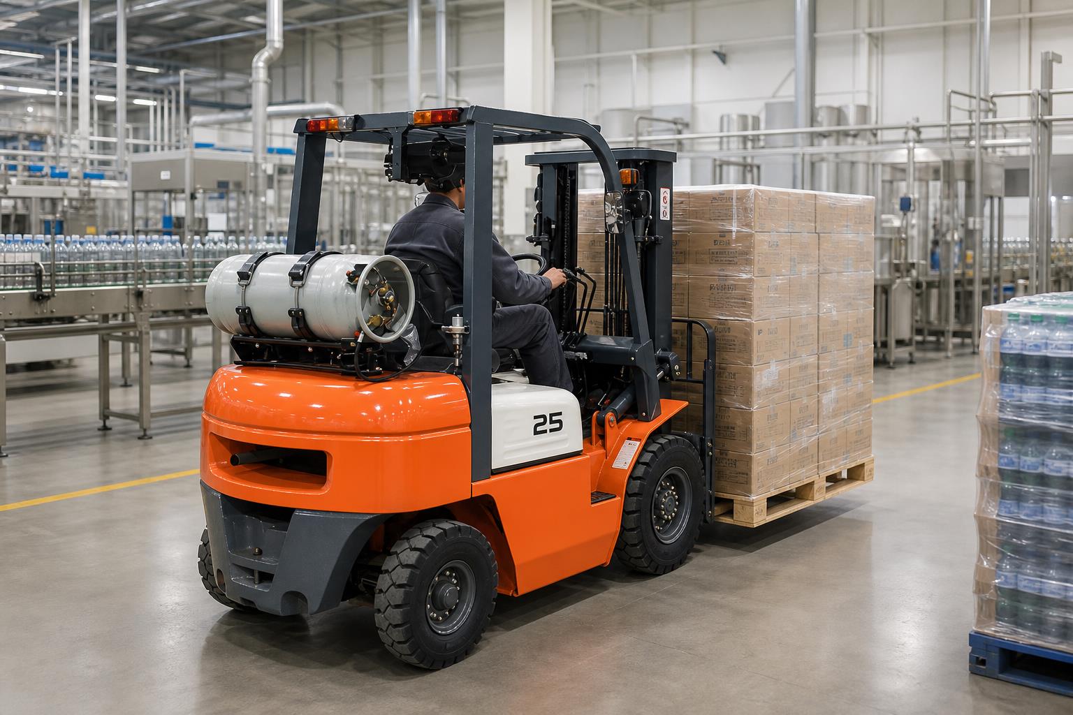 ZGFORKLIFT LPG counterbalance forklift moving packaged beverages in manufacturing