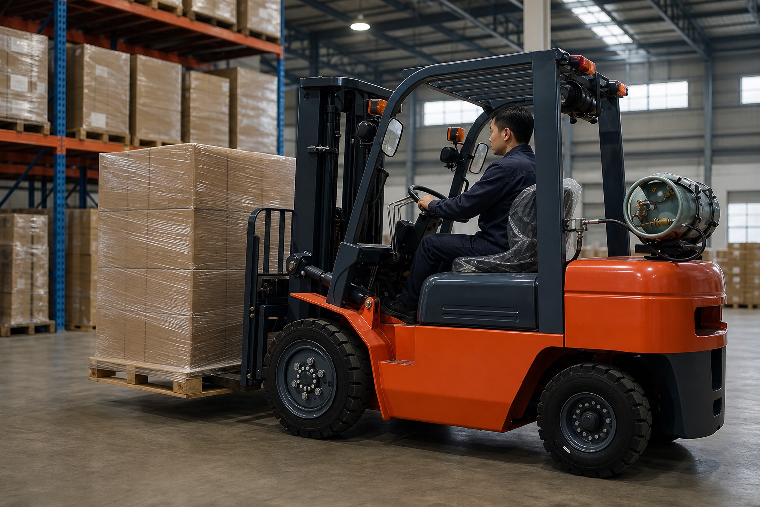 ZGFORKLIFT 3 ton LPG forklift handling a pallet in a ventilated warehouse