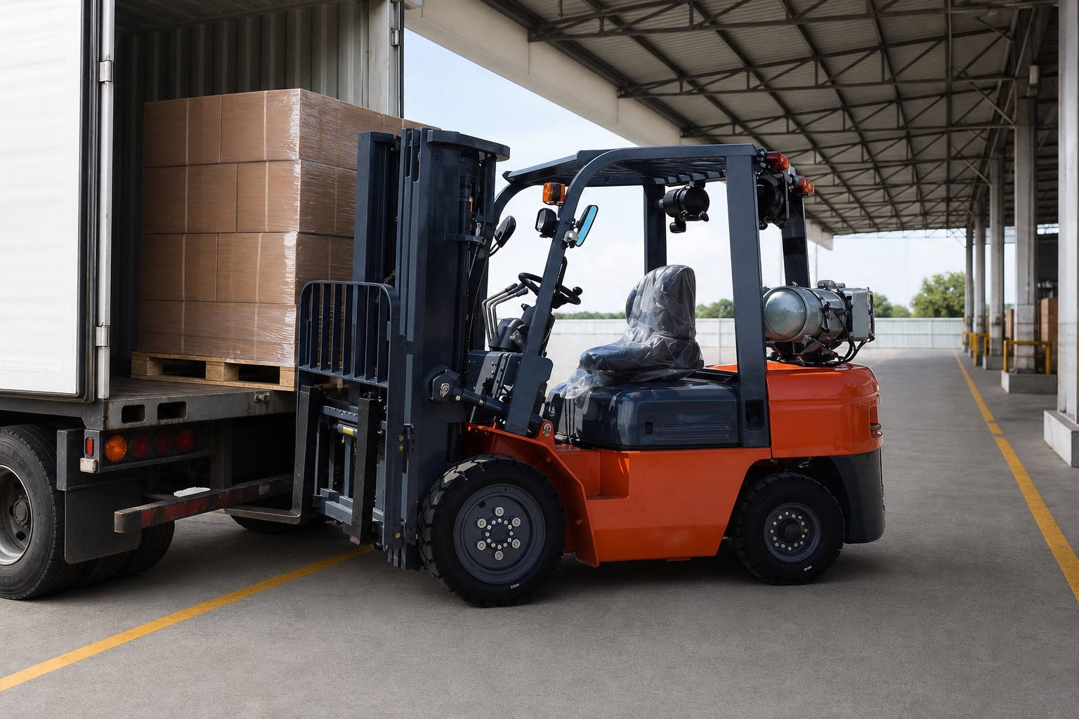 MYZG CPY30 LPG forklift transferring boxed goods at a loading dock