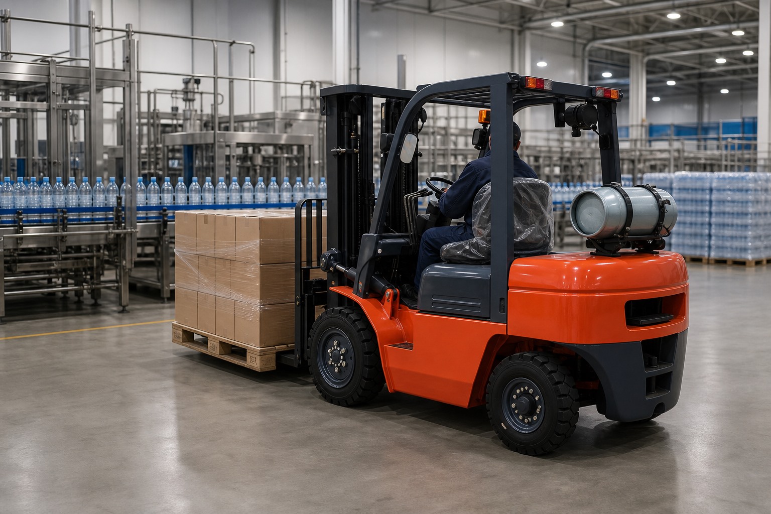 ZGFORKLIFT LPG counterbalance forklift moving packaged beverages in manufacturing