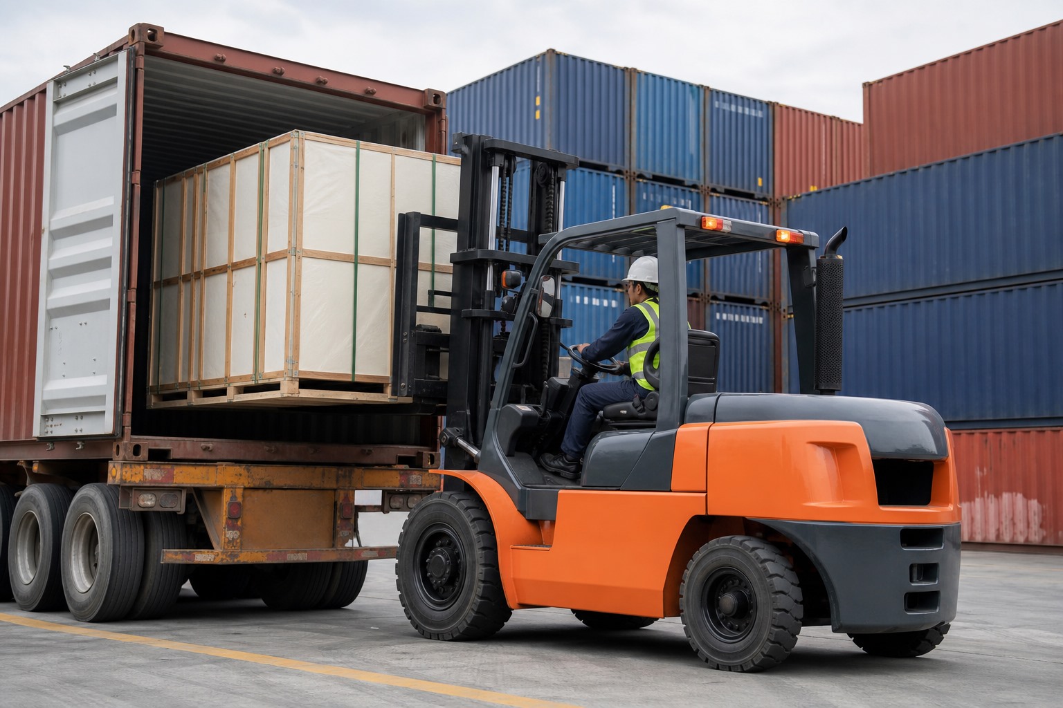 ZGFORKLIFT 3 ton diesel forklift loading export cargo at a container logistics yard