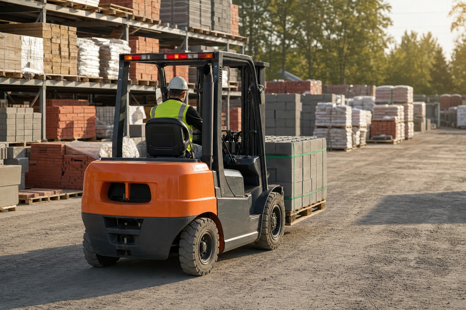 MYZG heavy duty diesel forklift moving concrete blocks in a building materials yard