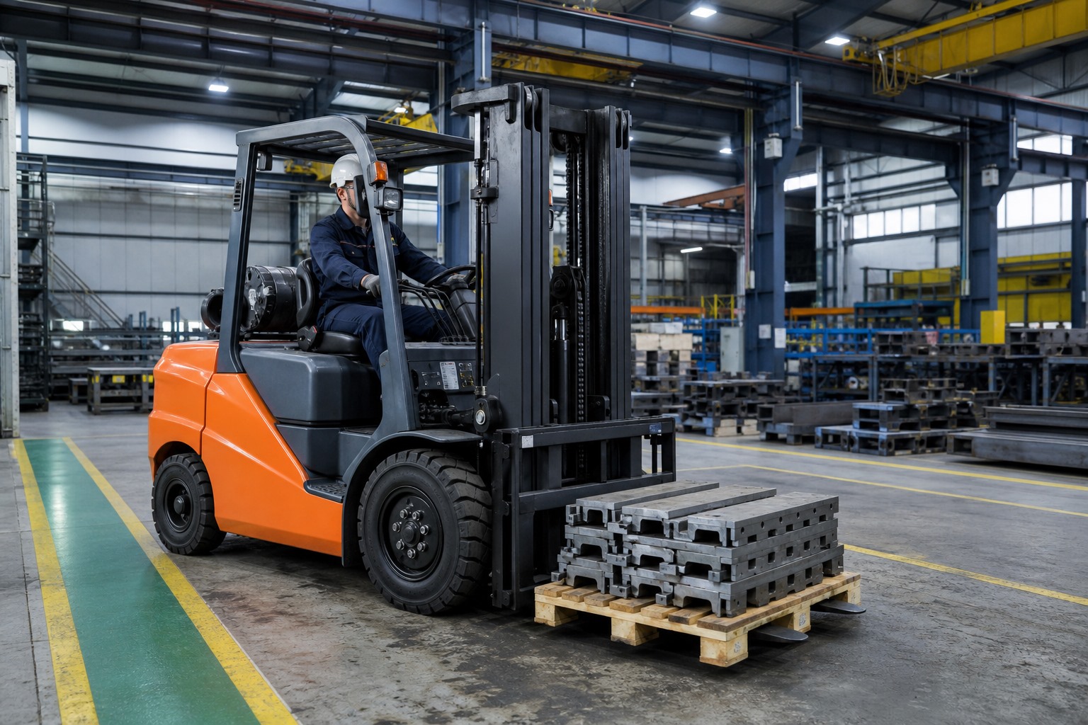 ZGFORKLIFT diesel counterbalance forklift handling steel components in a manufacturing plant