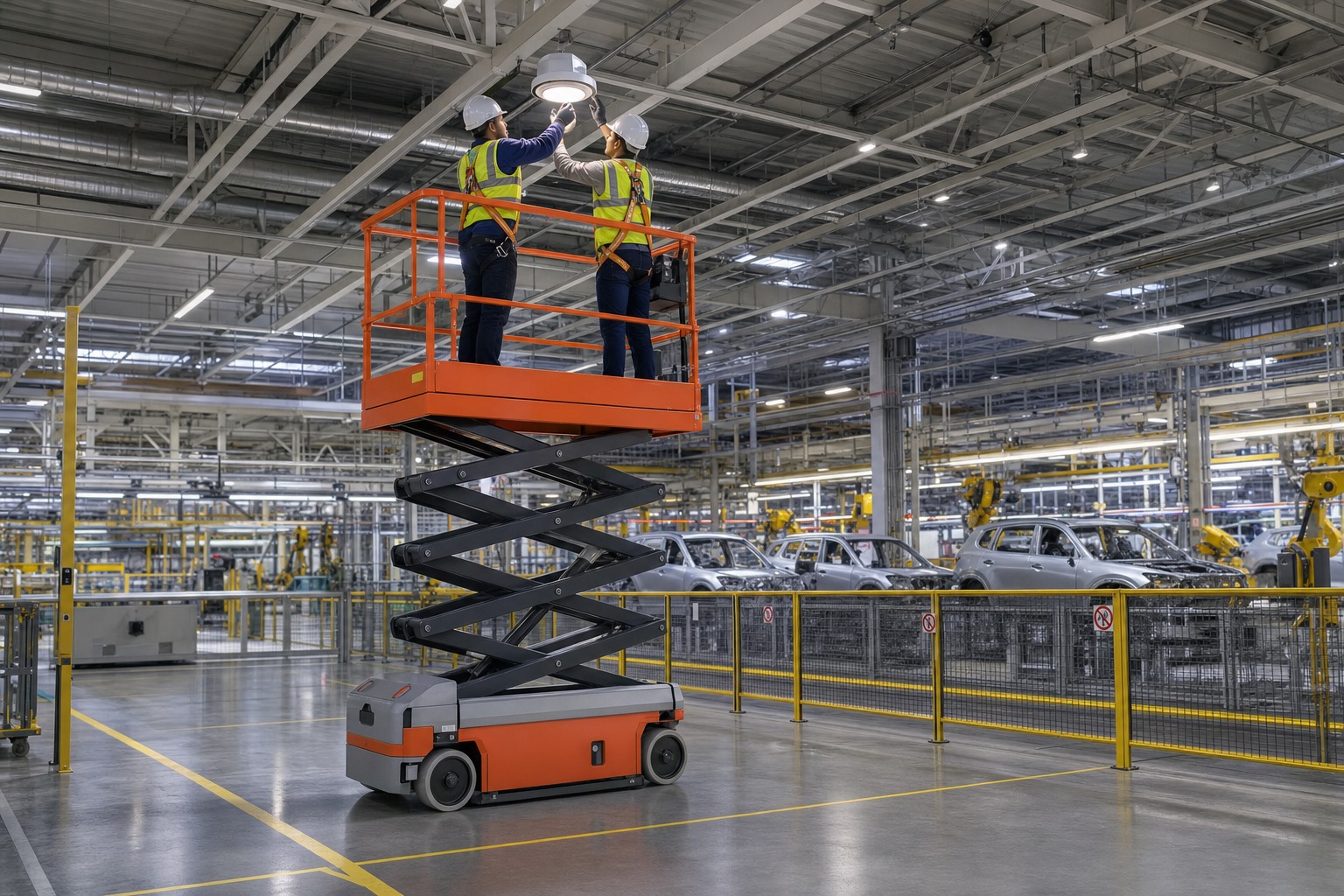 MYZG electric self-propelled scissor lift used for factory lighting and HVAC maintenance